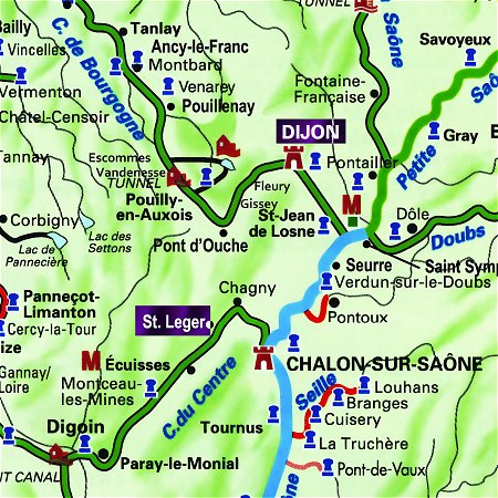 The Adrienne's route through Central and Southern Burgundy, from Dijon to St Leger, along the Canal de Bourgogne, the Saone River and the Canal du Centre.