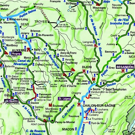The Hirondelle's route through the Upper LOire, from Rogny to Le Guetin on the Canal du Briare and the Canal Lateral a la Loire, and southern Burgundy, from St. Leger to Besancon on the Canal du Centre, the River Saone and the Doubs River.