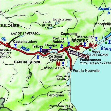 The Enchante's route through the south of France, from Salleles D'Aude to Puicheric on the Canal du Midi.