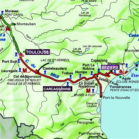 The Emma's route through the south of France, from Toulouse to Carcassonne and from Carcassonne to Beziers on the Canal du Midi.