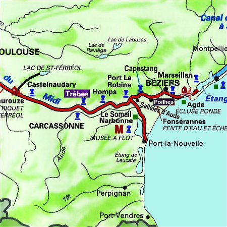 The Alegria's route through the south of France, from Trebes to Poilhes on the Canal du Midi.